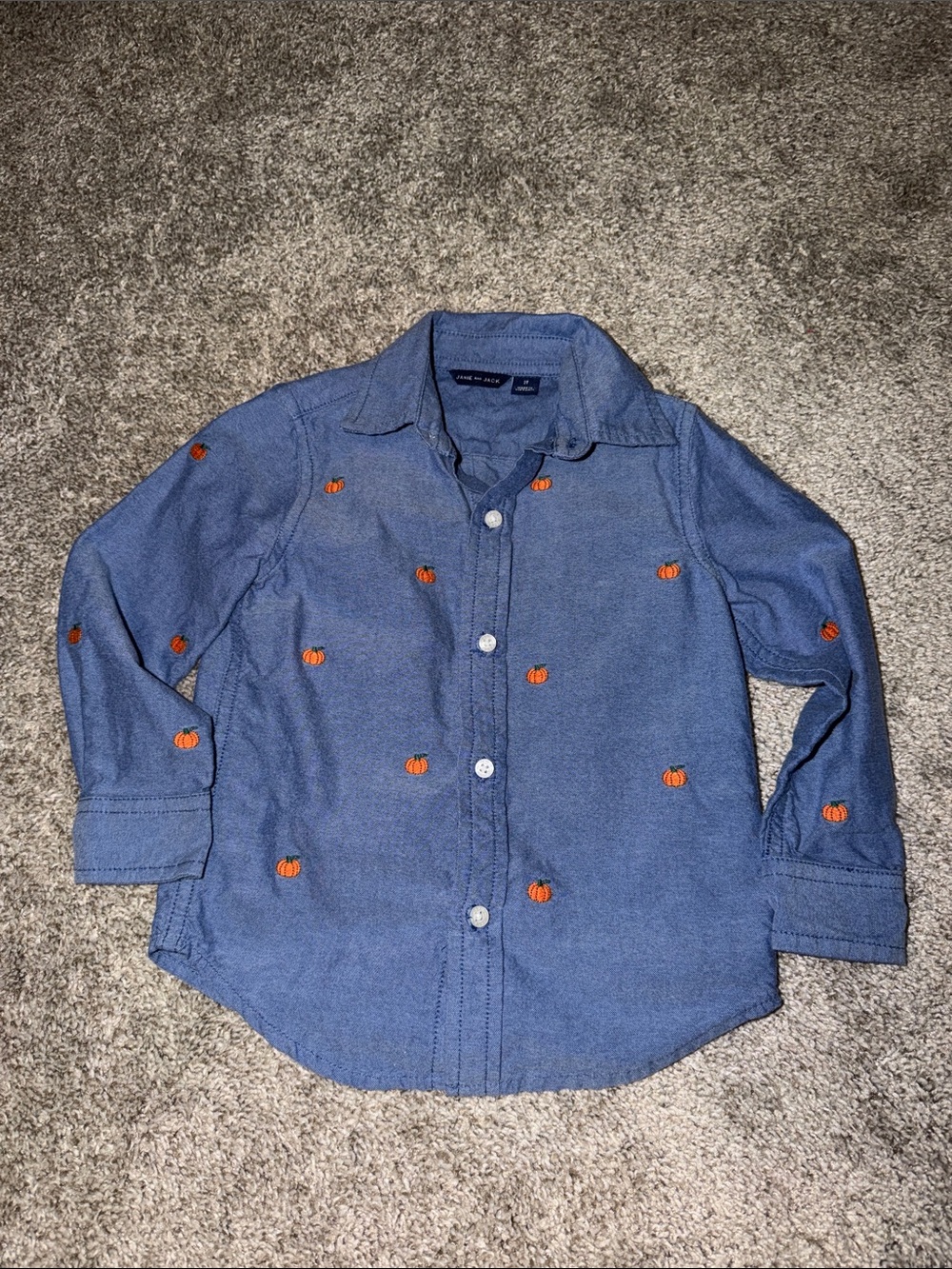 Janie and Jack Blue Button-Down Shirt with Pumpkin Embroidery